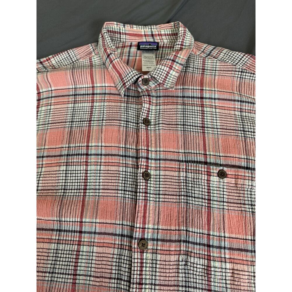 Patagonia A/C Shirt Mens Large Peach Plaid Organic Cotton Crinkle Button Up - Picture 10 of 13